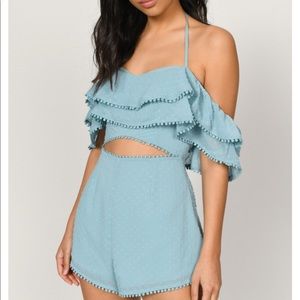 TOBI Ivy Blue Off Shoulder Ruffle Romper